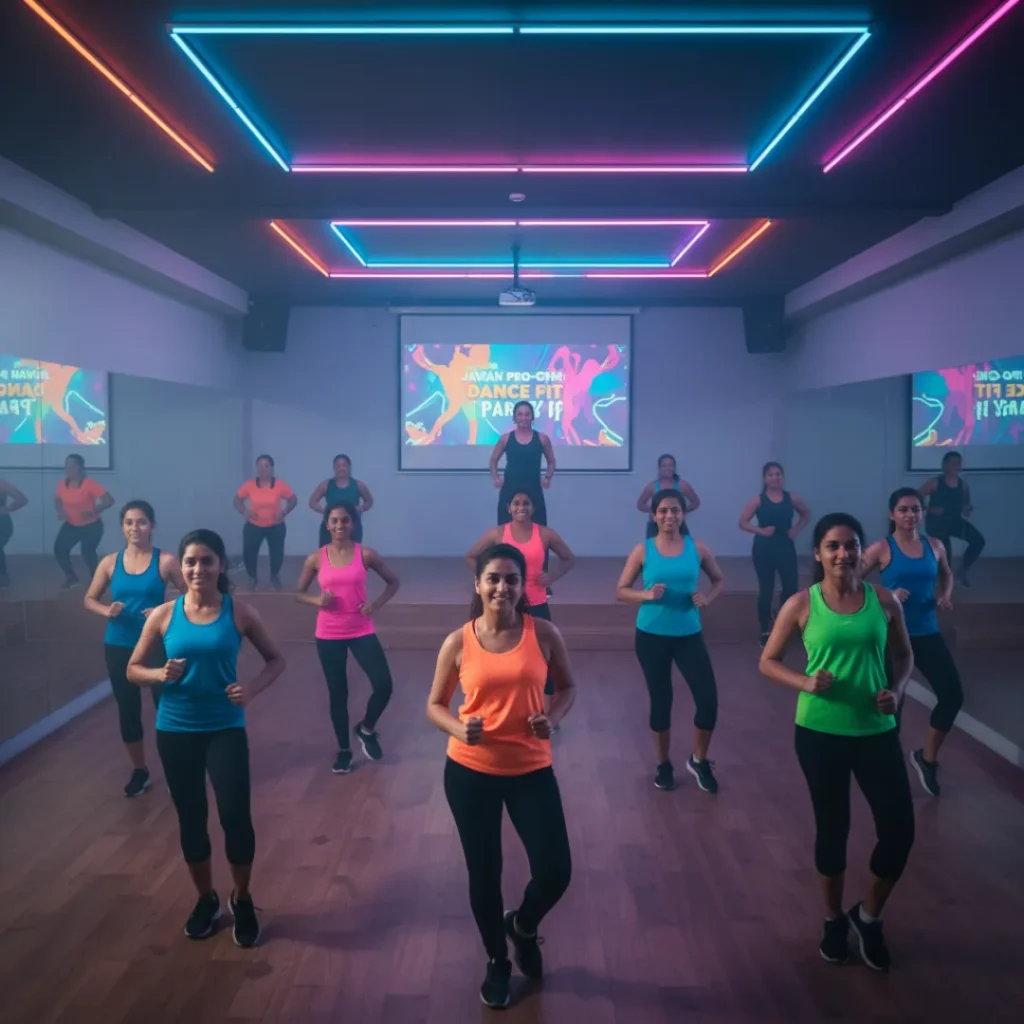 Women enjoying a dance fitness group class at Jawan Pro-Gym Kondapur.