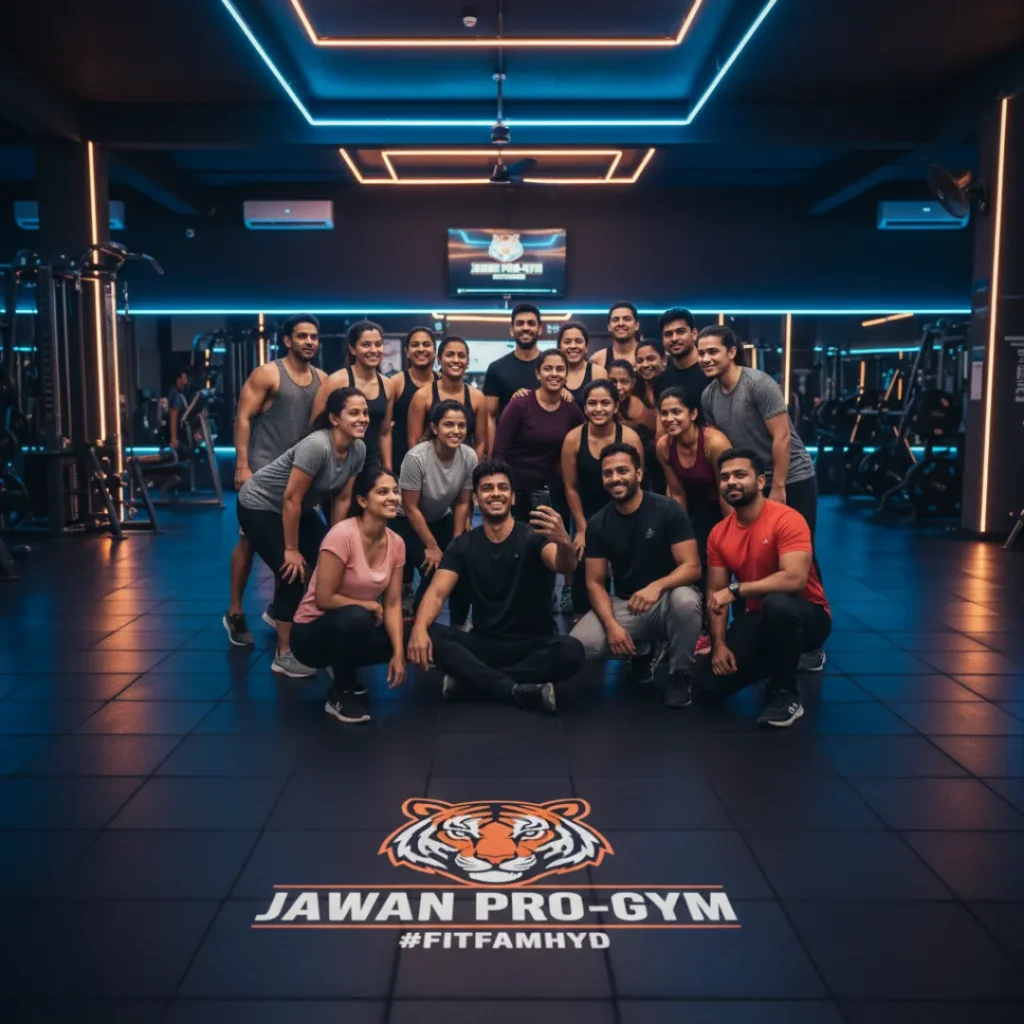 Happy gym members and trainers taking a group selfie at Jawan Pro-Gym in Kondapur.
