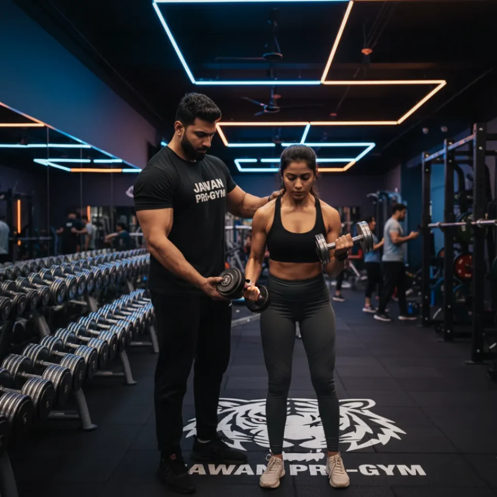 Personal trainer assisting a female client with bicep curls at Jawan Pro-Gym in Kondapur.