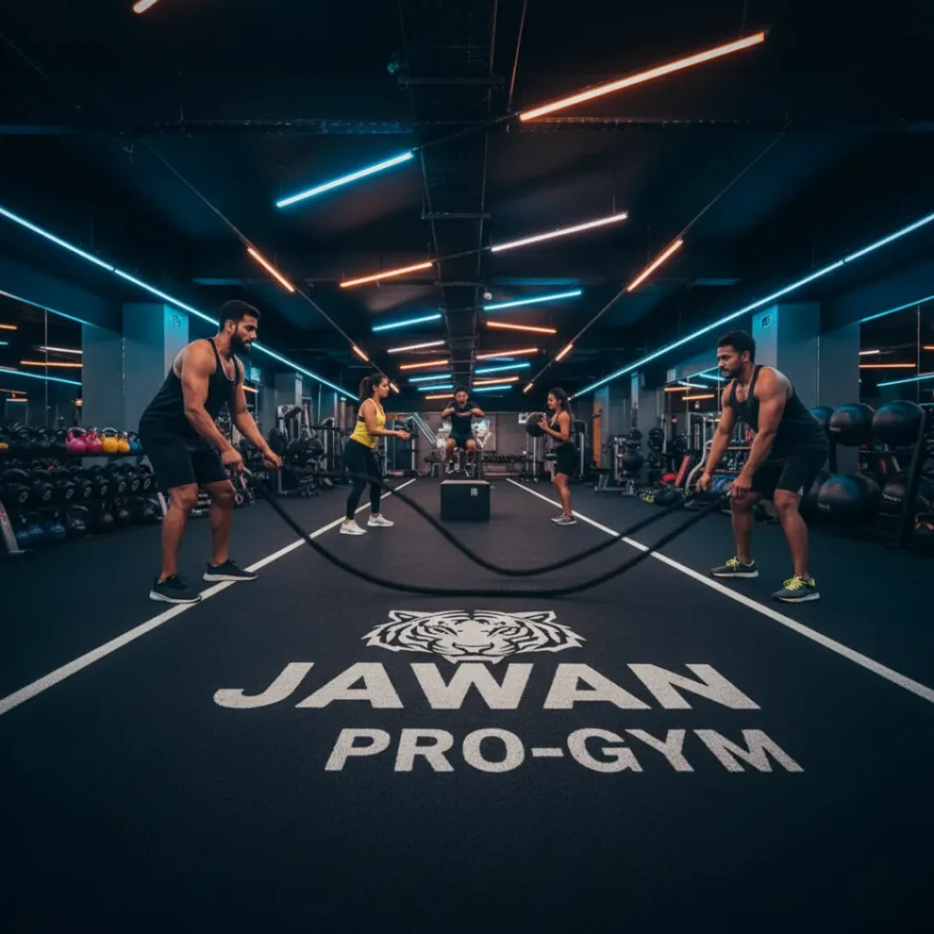 Men using battle ropes in the functional training area at Jawan Pro-Gym Kondapur.