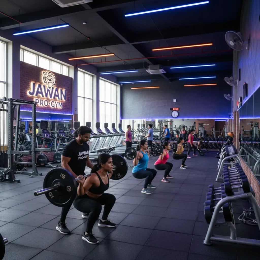 Members squatting with barbells guided by a personal trainer at Jawan Pro-Gym Kondapur.