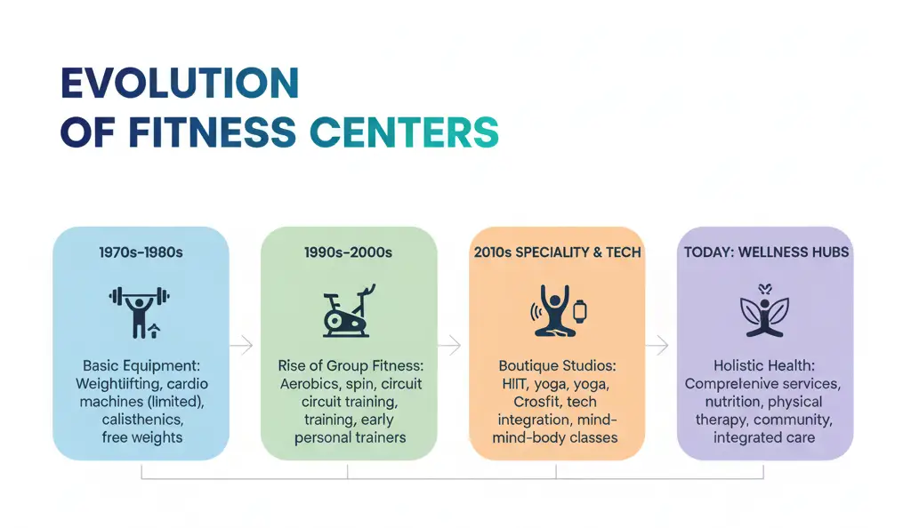 Infographic showing evolution of gym services from basic equipment to comprehensive wellness centers