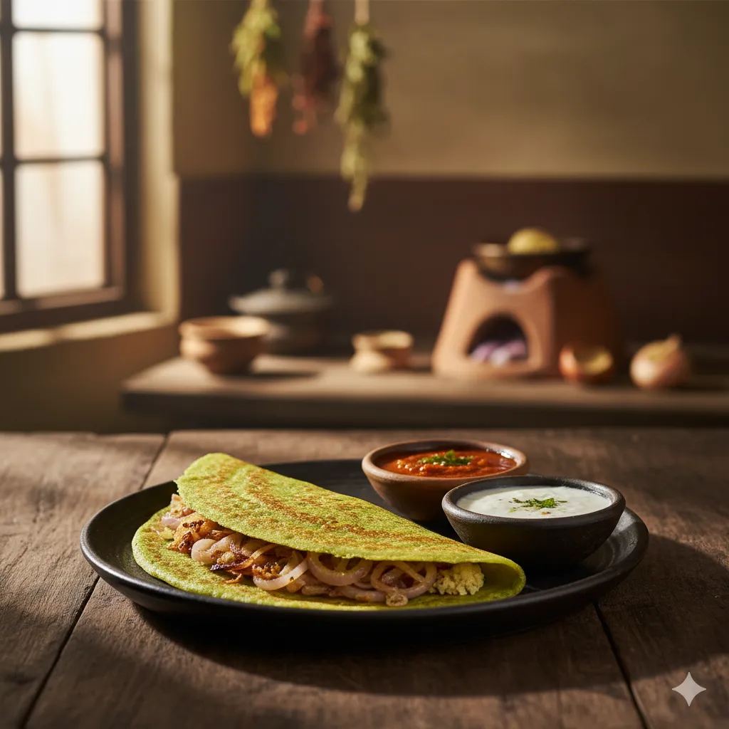 A green Pesarattu (Green Moong Dal Dosa) filled with onions and upma, served with two chutneys on a dark plate, signifying a healthy Hyderabadi breakfast.