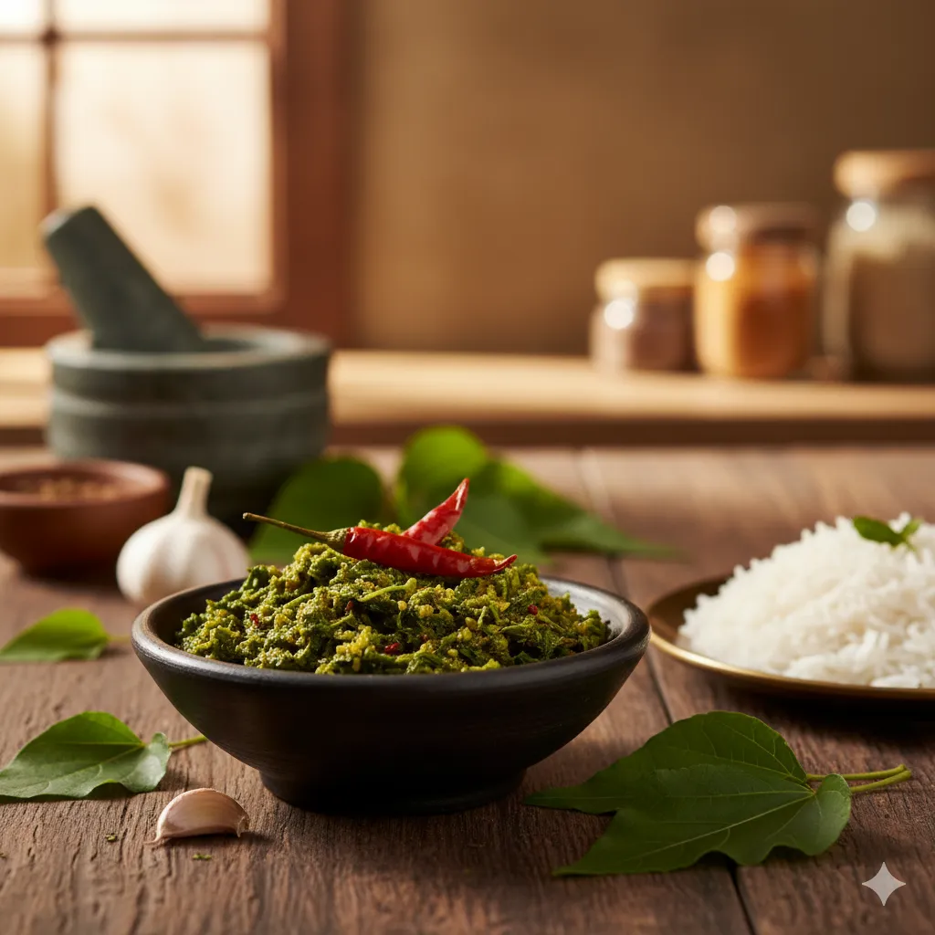 A bowl of vibrant green Gongura Pachadi (Roselle Leaf Chutney) with a red chili garnish, accompanied by cooked rice, garlic, and loose Gongura leaves on a wooden table.