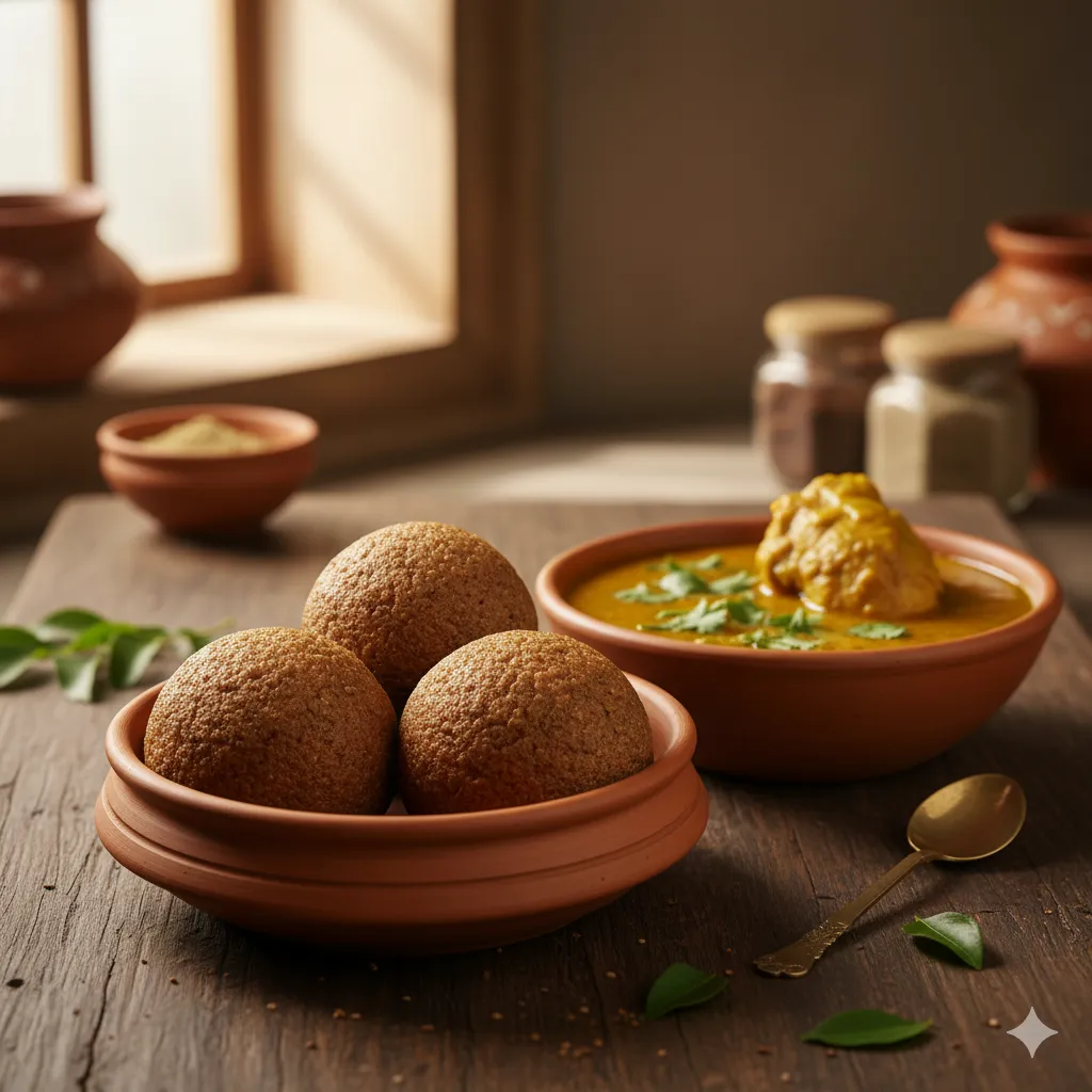 A rustic terracotta bowl filled with three Raagi Sankati (Finger Millet Balls) next to a bowl of chicken curry, showcasing a hearty and healthy Hyderabadi meal.