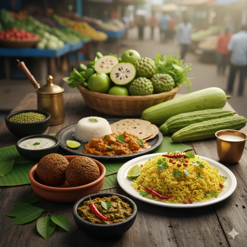 A variety of local Hyderabadi foods including Pesarattu, Raagi Sankati, Lemon Rice, Gongura Pachadi, fresh fruits, and vegetables laid out on a wooden table in a market setting.