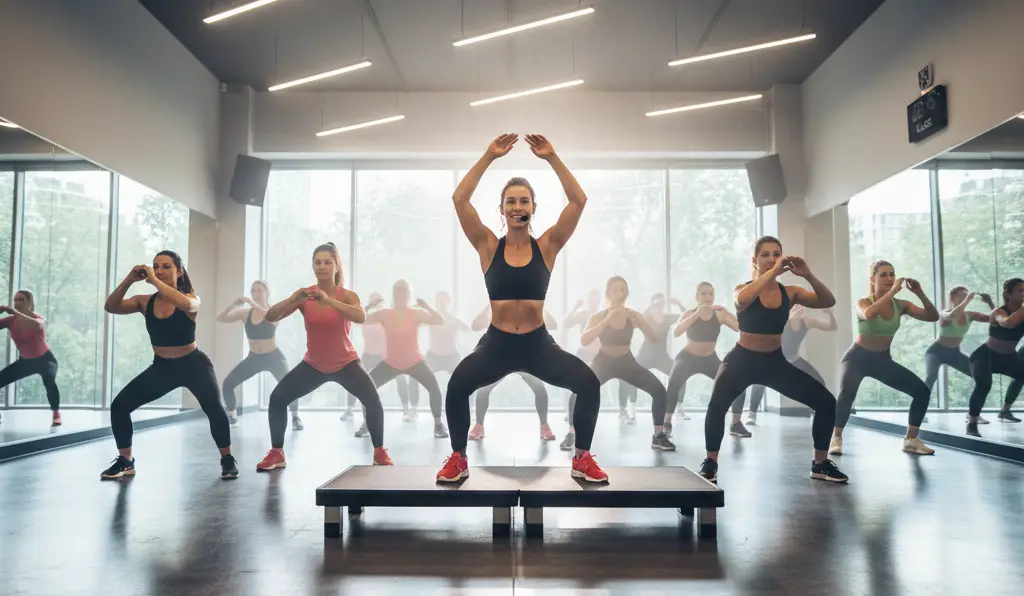 Energetic group fitness class with diverse participants following instructor in modern studio space