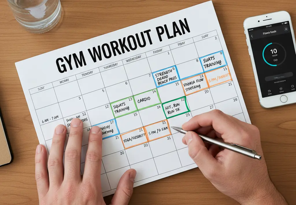 Colourful weekly gym time table chart showing different workout types scheduled across seven days
