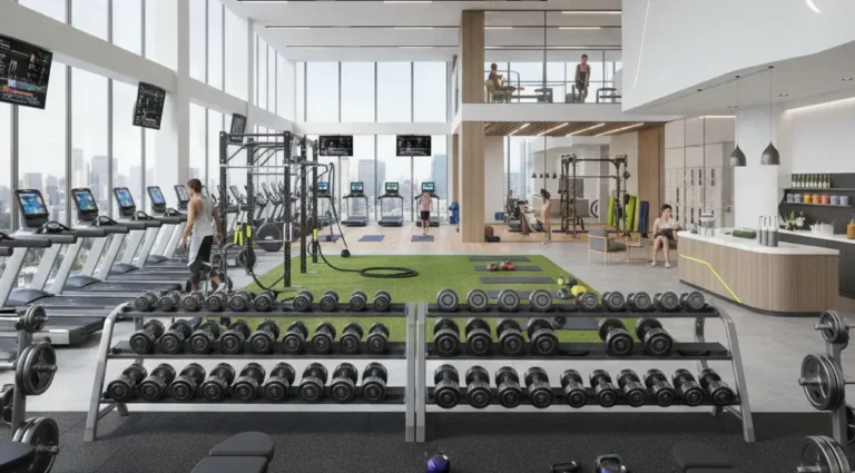 Modern fitness center interior showing various gym services including equipment zones, training areas, and member amenities