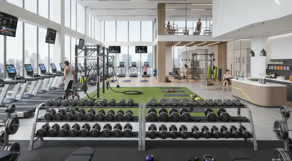 Modern fitness center interior showing various gym services including equipment zones, training areas, and member amenities