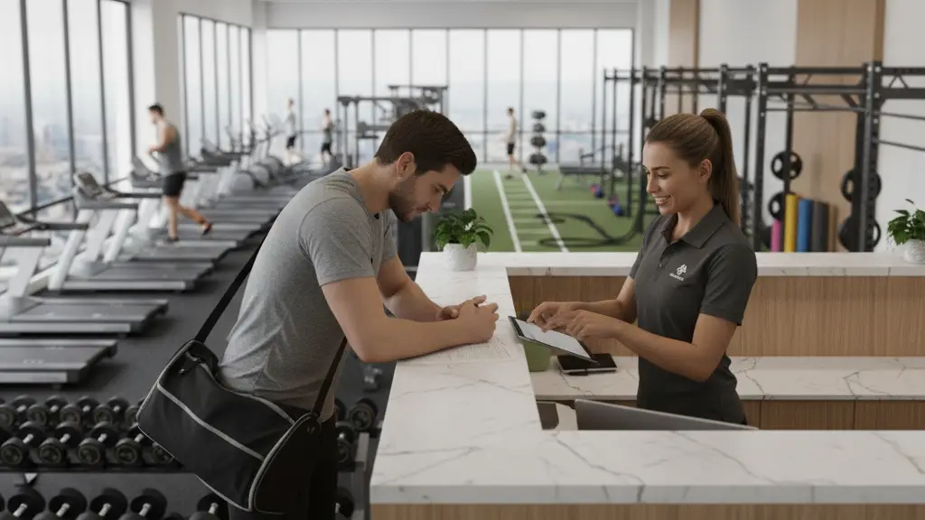 Friendly gym staff member assisting new member at reception desk with membership paperwork