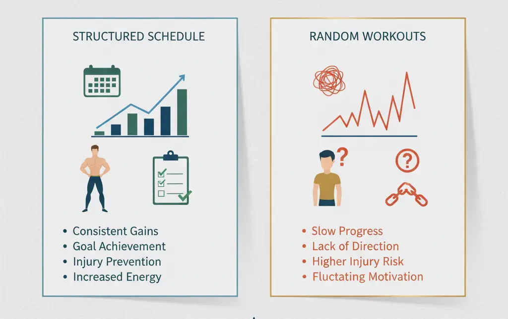 Comparison infographic showing results with structured schedule versus random workouts