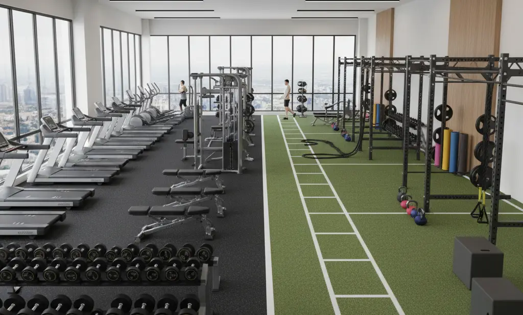 Well-organized gym floor showing cardio zone, strength training area, and functional fitness space