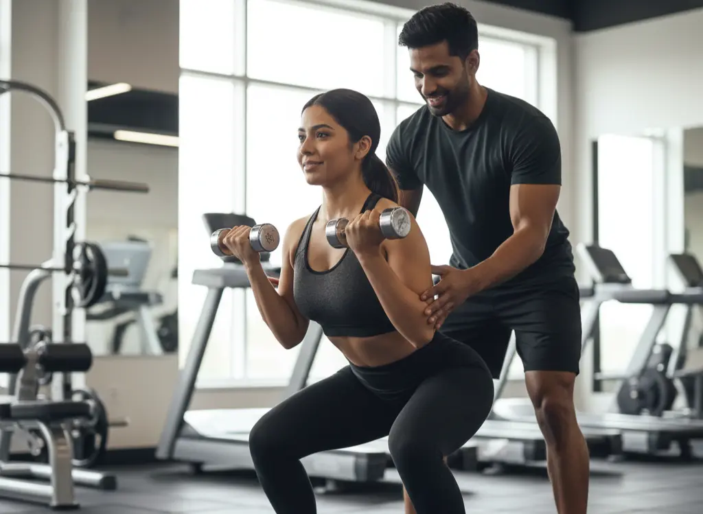 Trainer correcting squat form for beginner to ensure proper posture and alignment