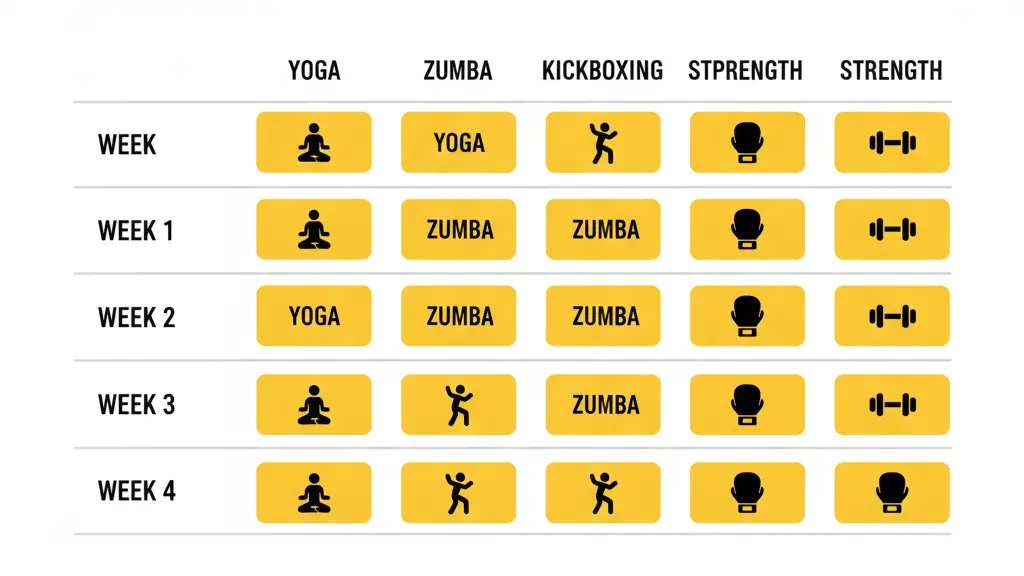 "Four-week workout plan infographic including yoga, zumba, kickboxing, and strength sessions"