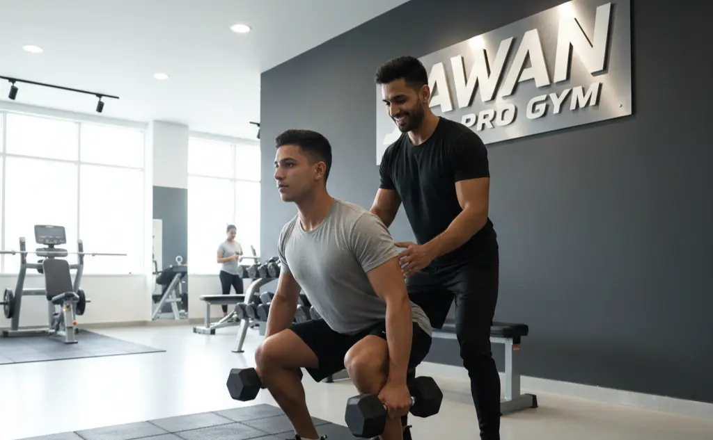 Beginner doing a dumbbell squat with trainer support at Jawan Pro Gym