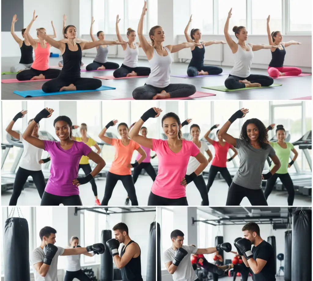 Visual mix of yoga, zumba, and kickboxing activities in gym