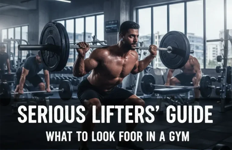 Man performing heavy barbell squat in a professional gym in Kondapur, showcasing strength training and serious fitness environment.