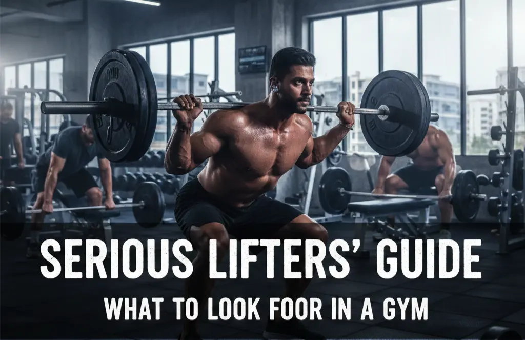 Man performing heavy barbell squat in a professional gym in Kondapur, showcasing strength training and serious fitness environment.